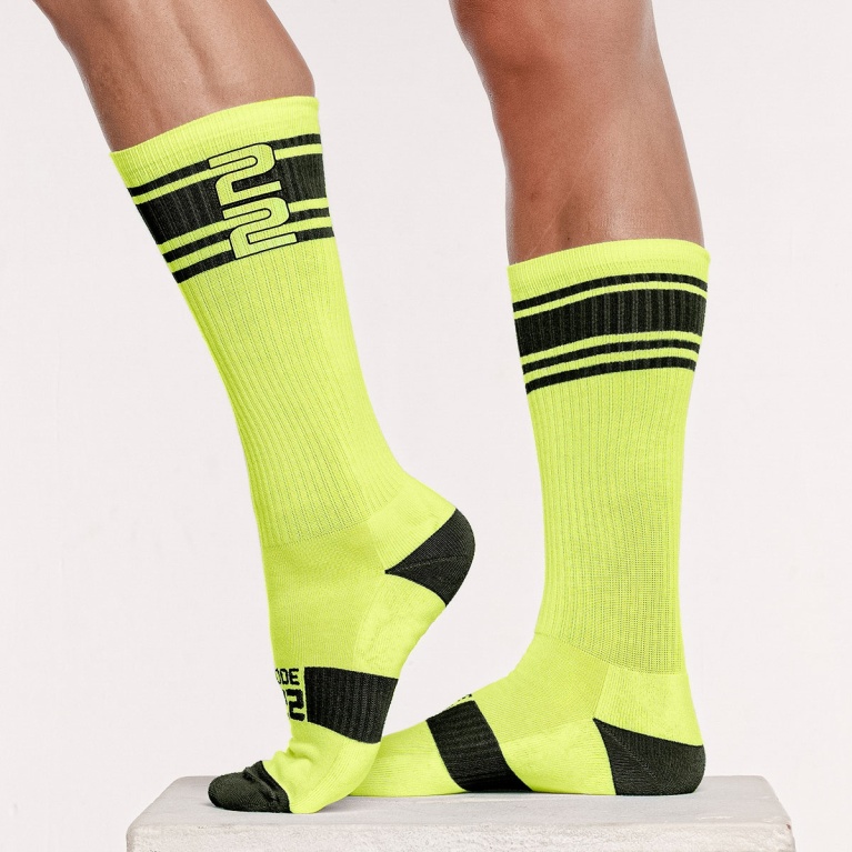 Neon Yellow with Neon Hot Pink Stripes Mans Dress Socks