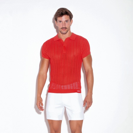 Polo rayé tricoté corail