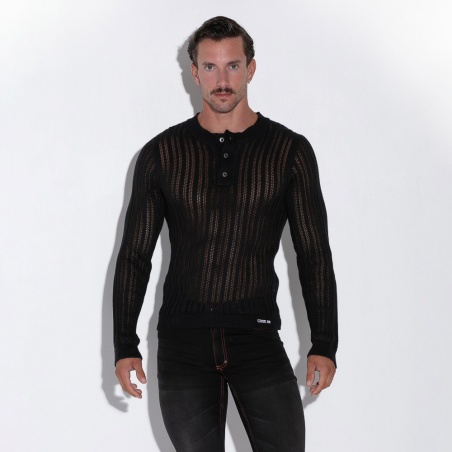 Knitted stripe henley sweater black