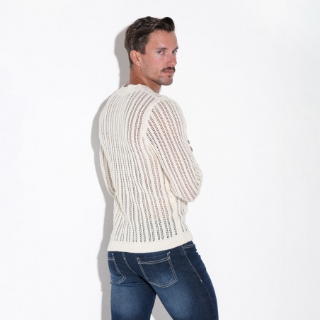 Pull en tricot rayé avec col henley blanc cassé