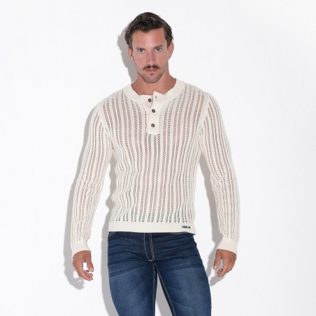 Pull en tricot rayé avec col henley blanc cassé