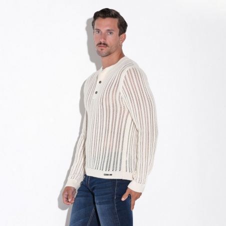 Pull en tricot rayé avec col henley blanc cassé