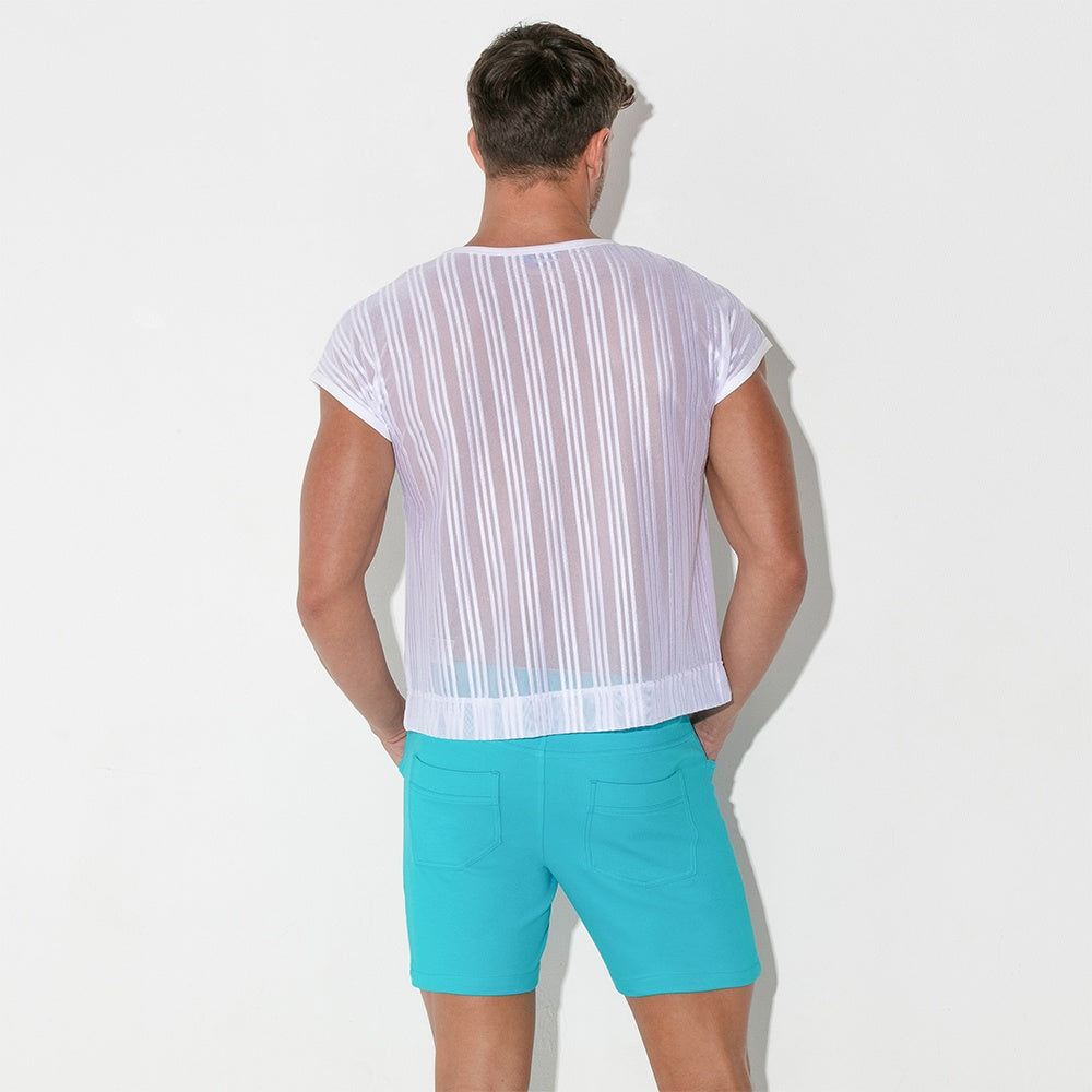 Camiseta cropped rejilla de raya blanca