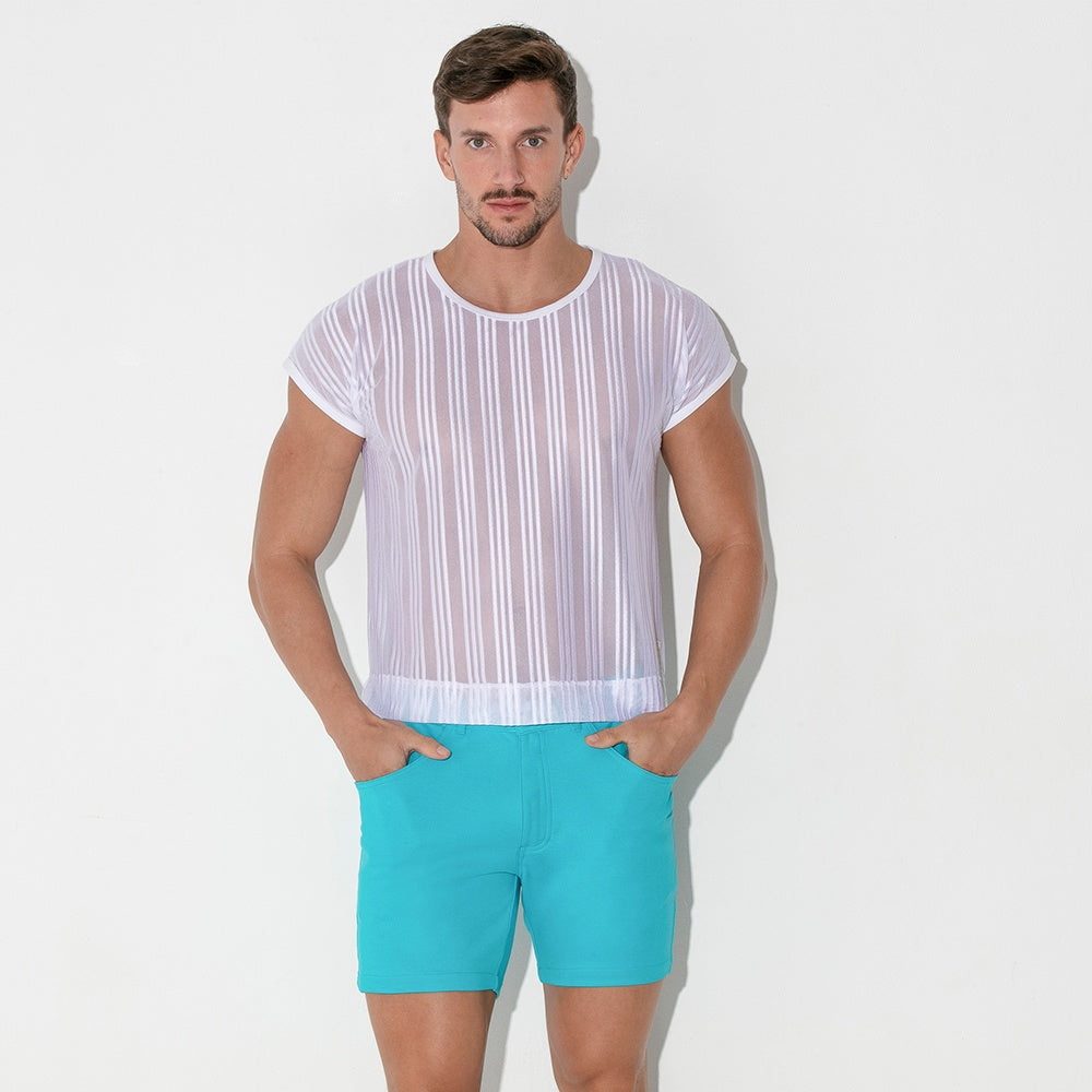Camiseta cropped rejilla de raya blanca