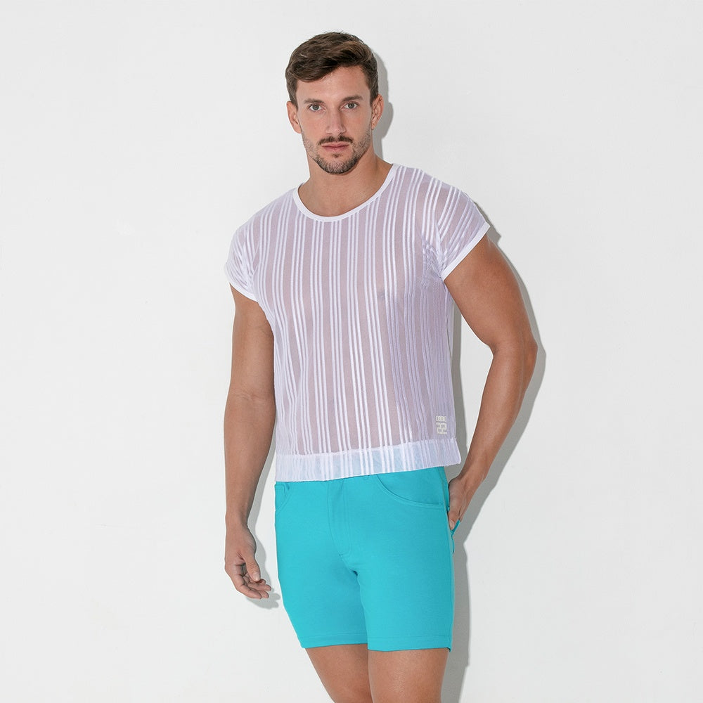 Camiseta cropped rejilla de raya blanca