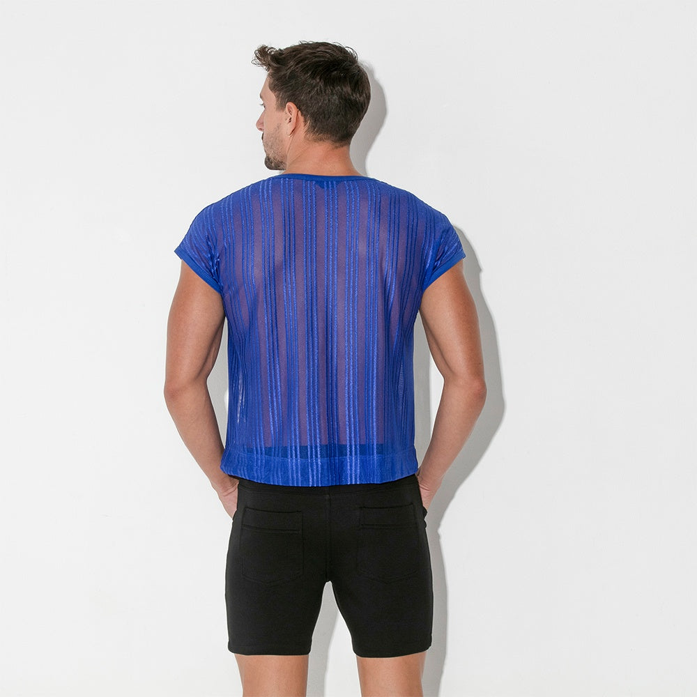 Camiseta cropped rejilla de raya azul