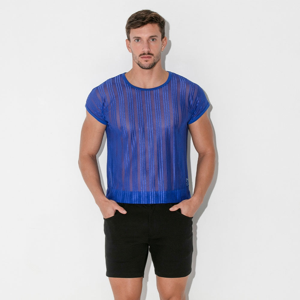 Camiseta cropped rejilla de raya azul