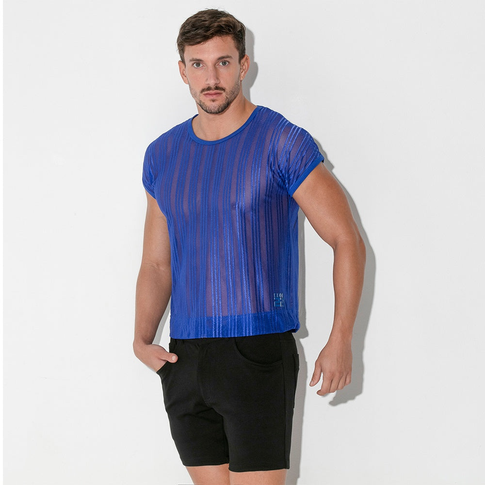Camiseta cropped rejilla de raya azul