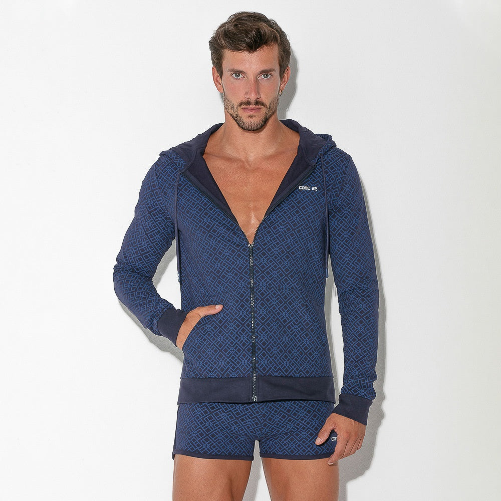 Geometric print hoodie navy blue