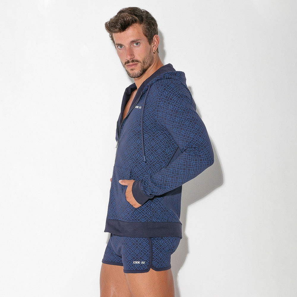 Geometric print hoodie navy blue