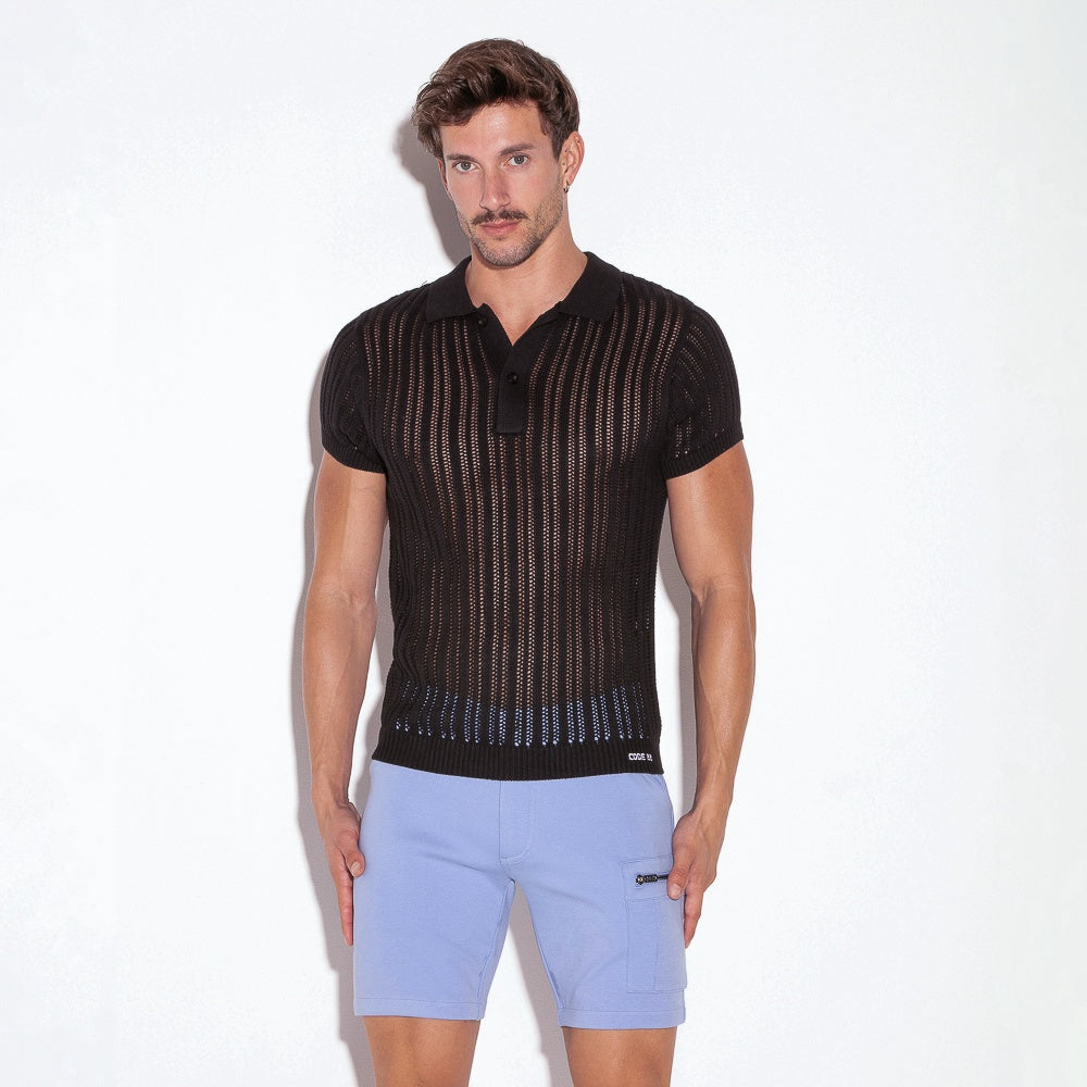 Polo rayé en maille noire
