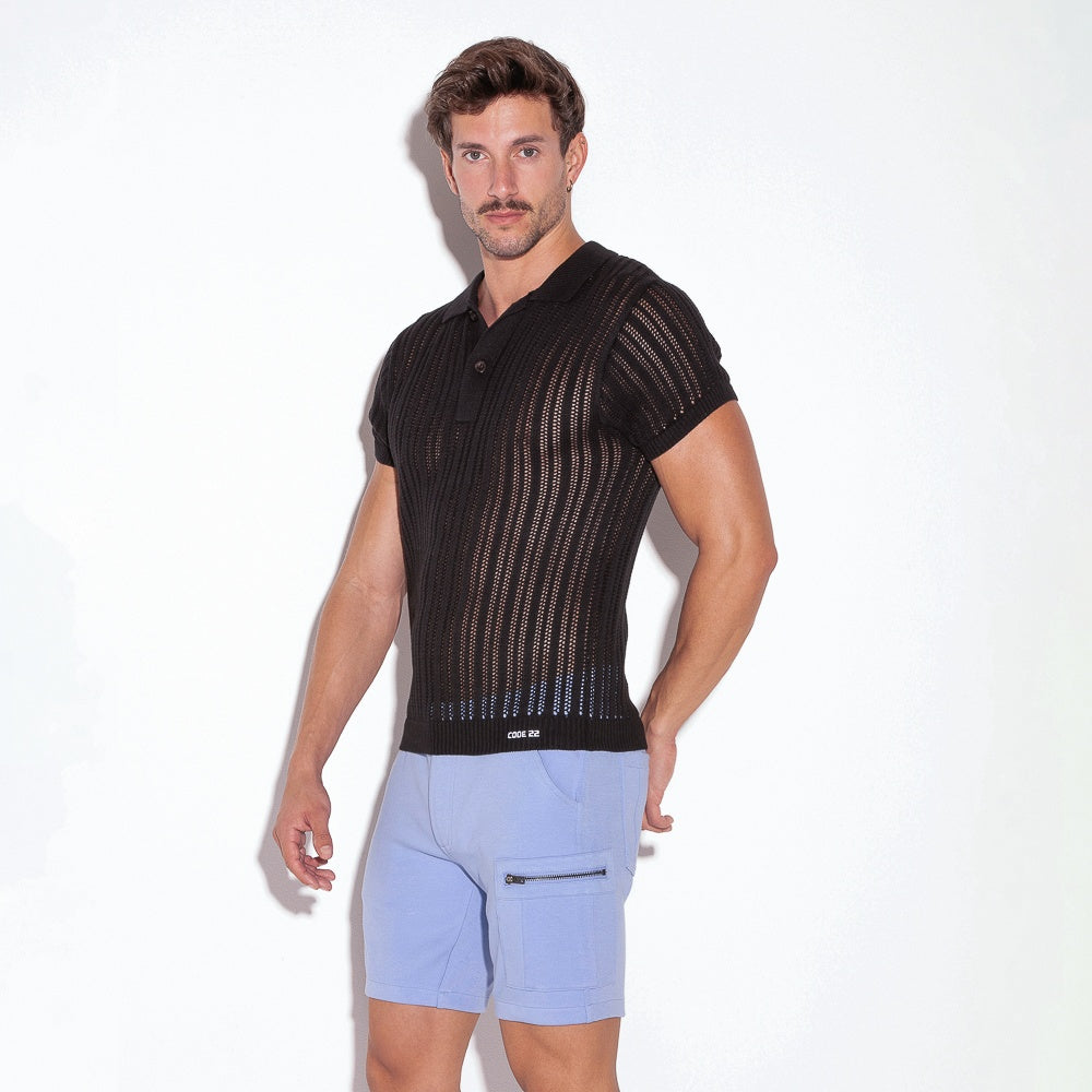 Polo rayé en maille noire
