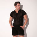 CODE 22 men's black Mosaic knit polo close-up front view