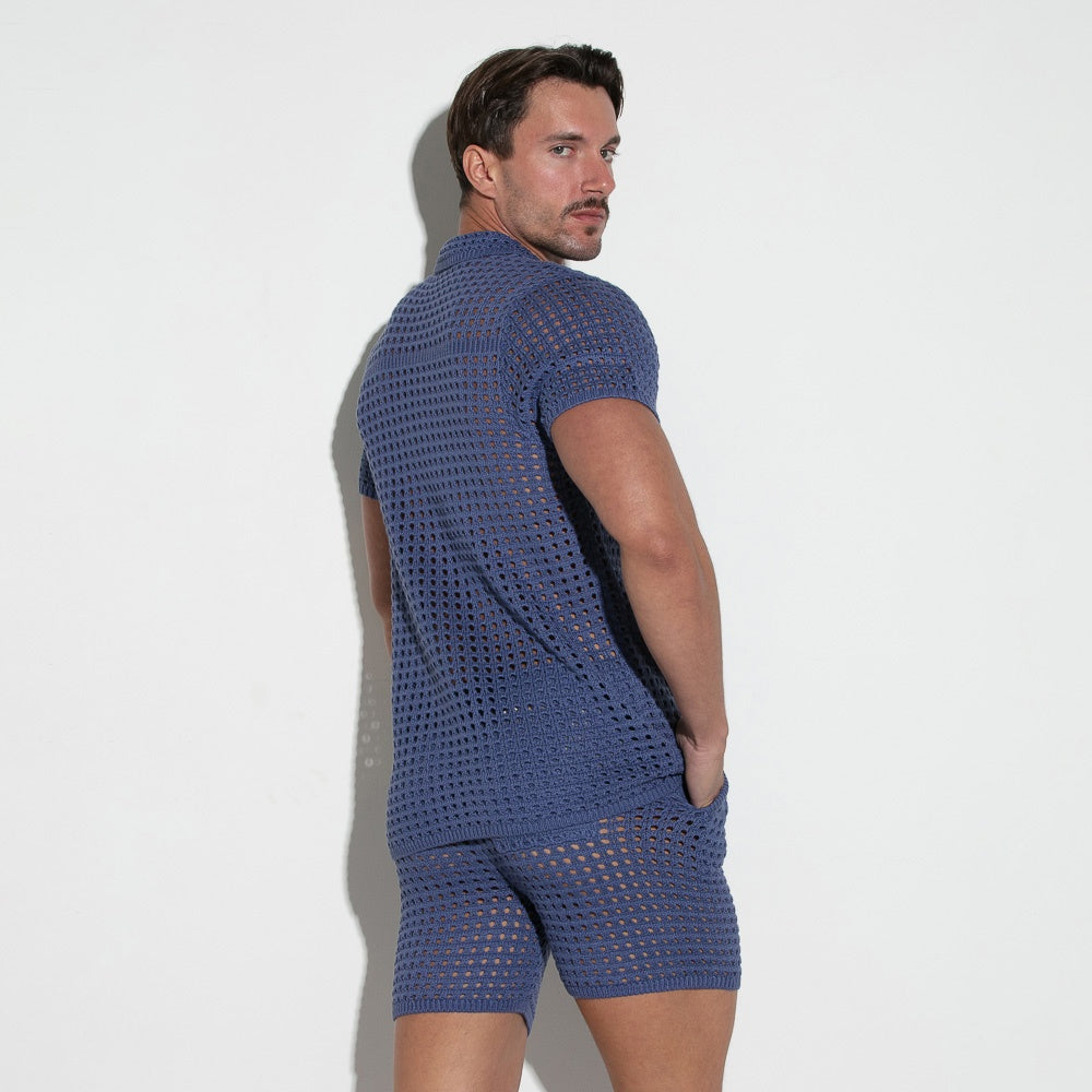 Camisa de punto croché con botones azul