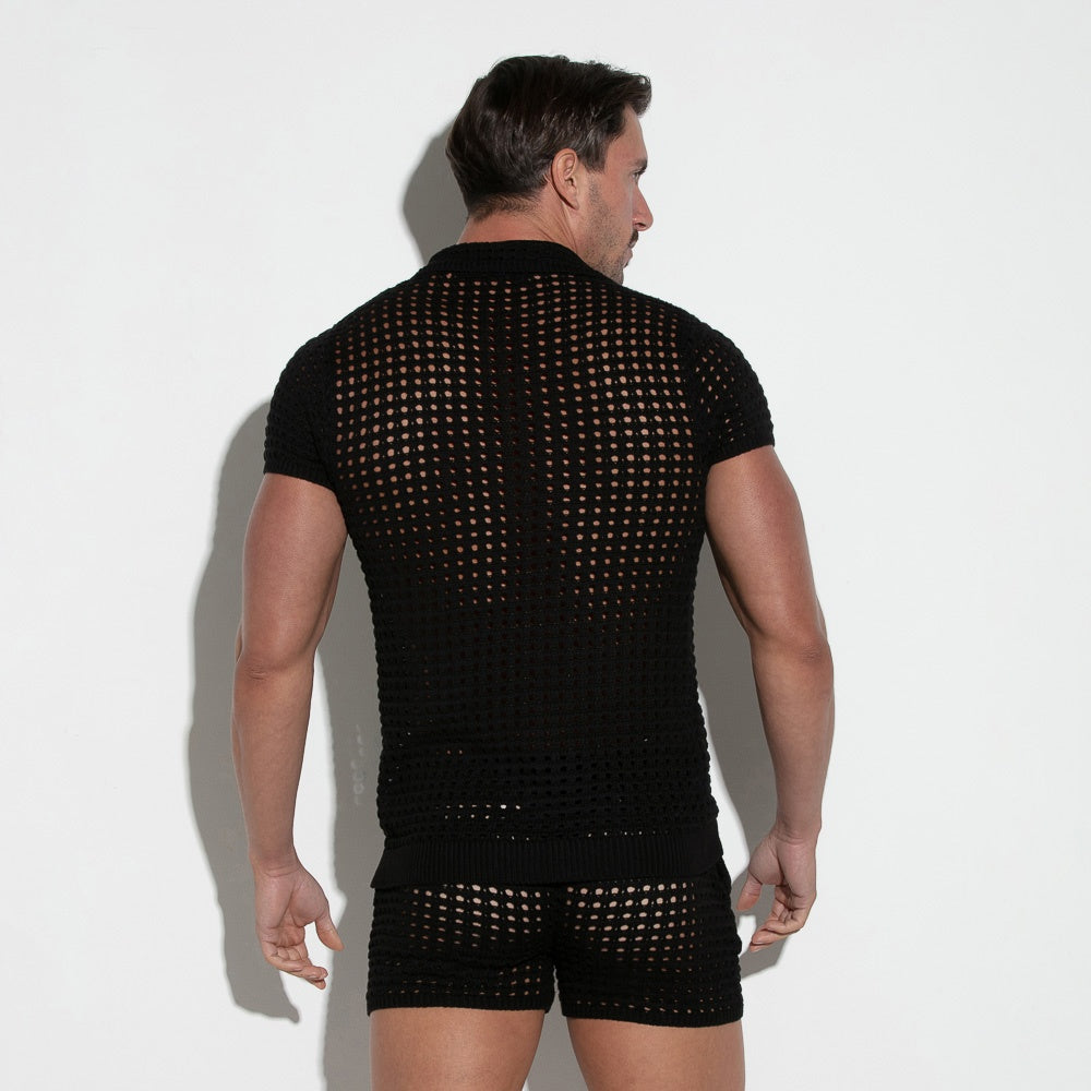 Polo de punto croché negro