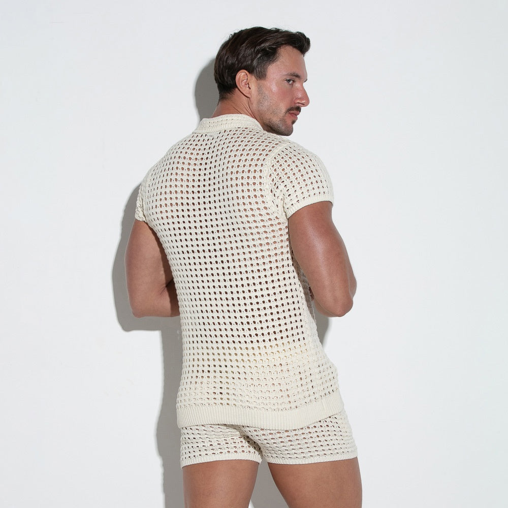 Polo de punto croché blanco roto