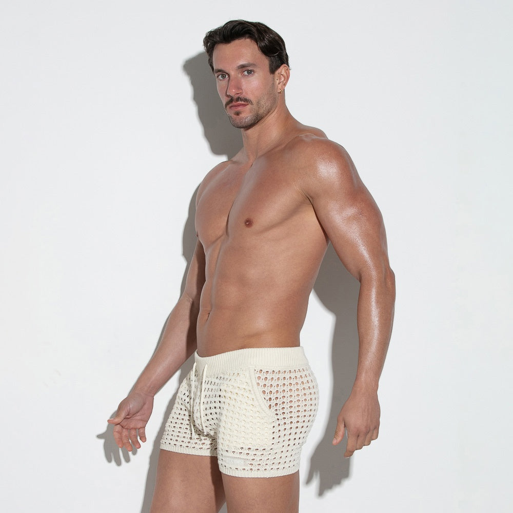 Pantalón corto de punto croché blanco roto
