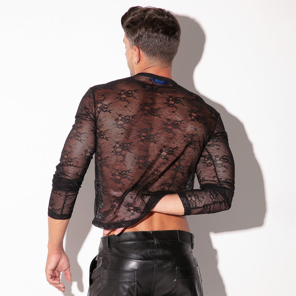 Top de encaje transparente de manga larga negro