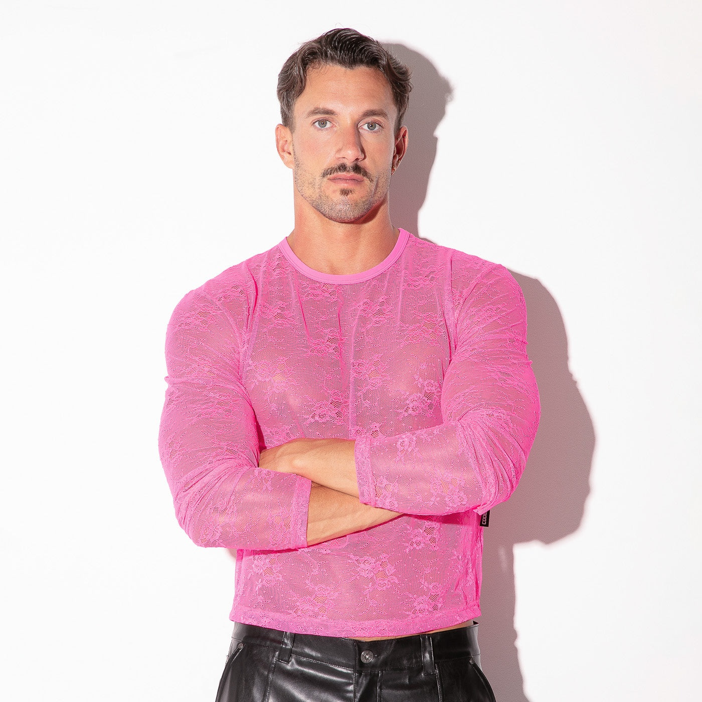 Sheer lace long sleeve top neon pink