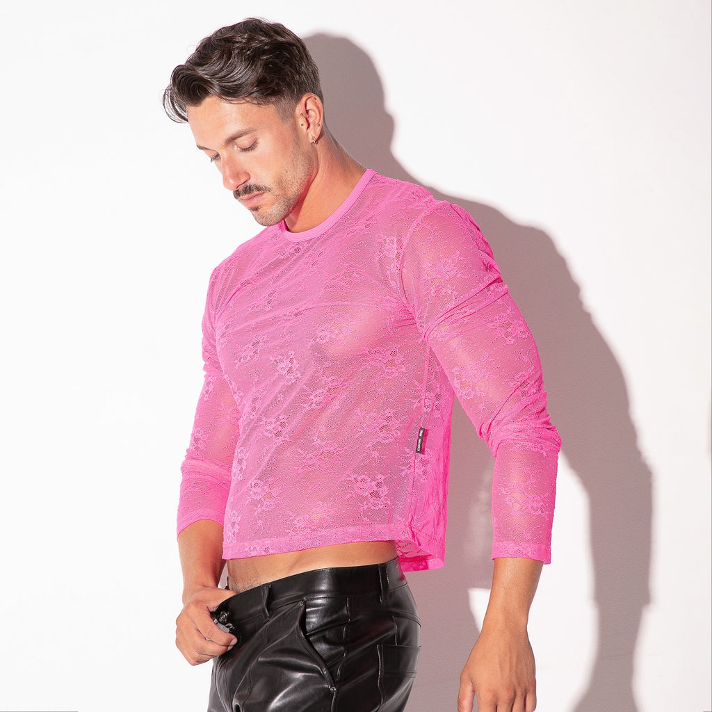 Top de encaje transparente de manga larga rosa flúor