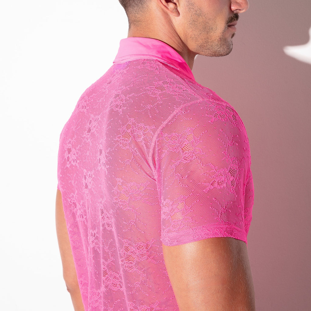 Sheer lace polo shirt neon pink