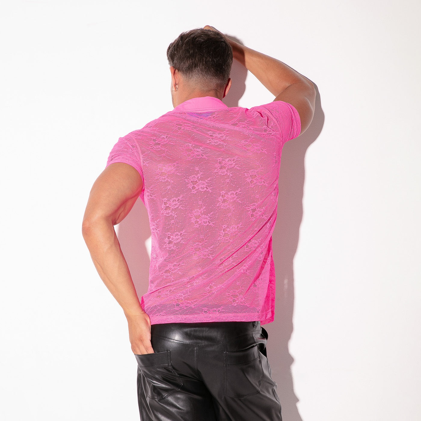 Sheer lace polo shirt neon pink