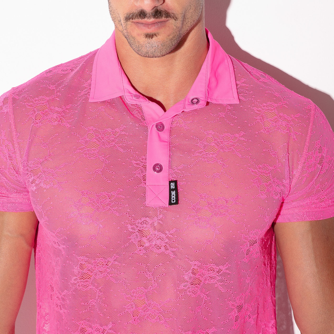 Sheer lace polo shirt neon pink