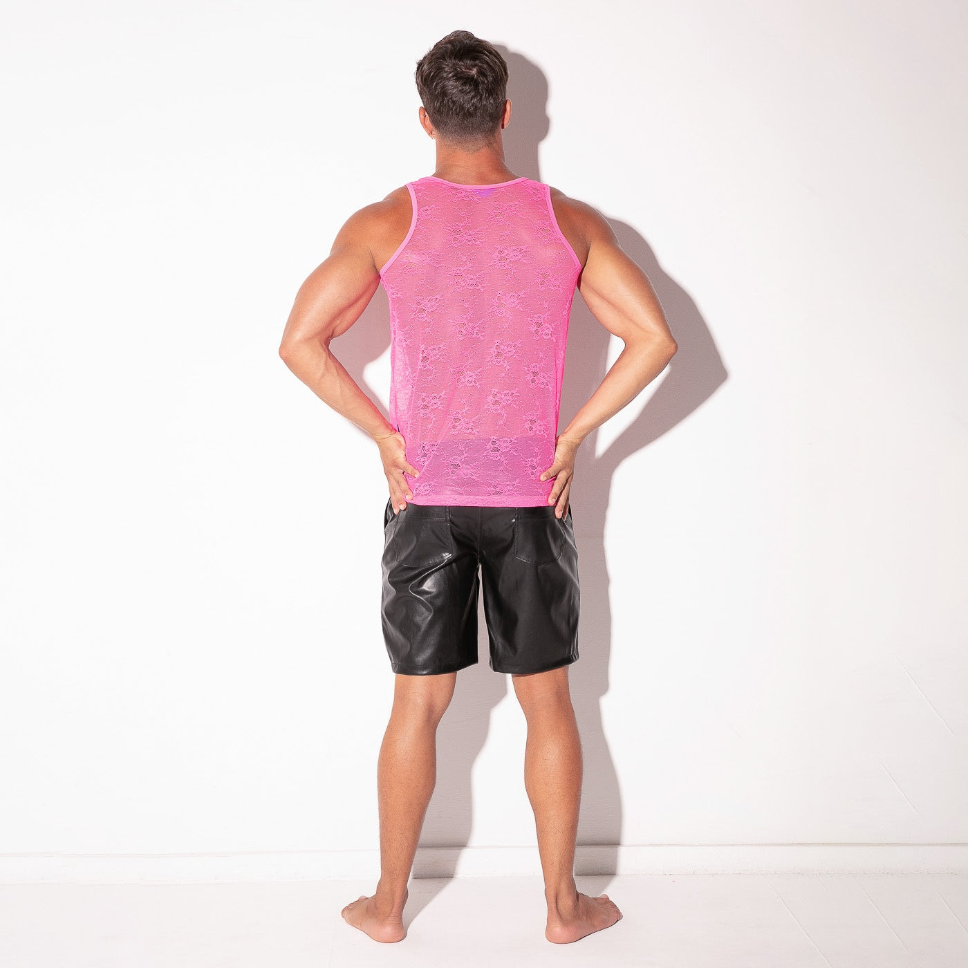 Sheer lace tank top neon pink