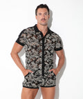 Alternate front close-up of the black contrast corded lace shirt
