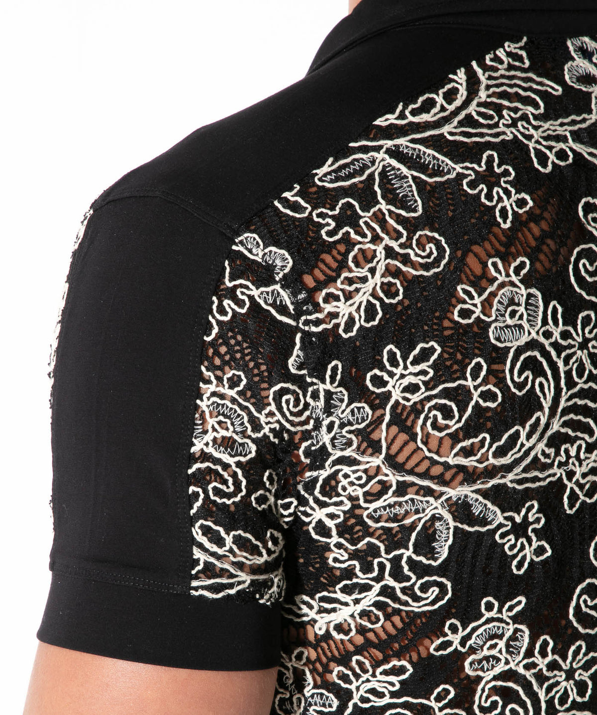 Left-side detail close-up of the black contrast corded lace shirt