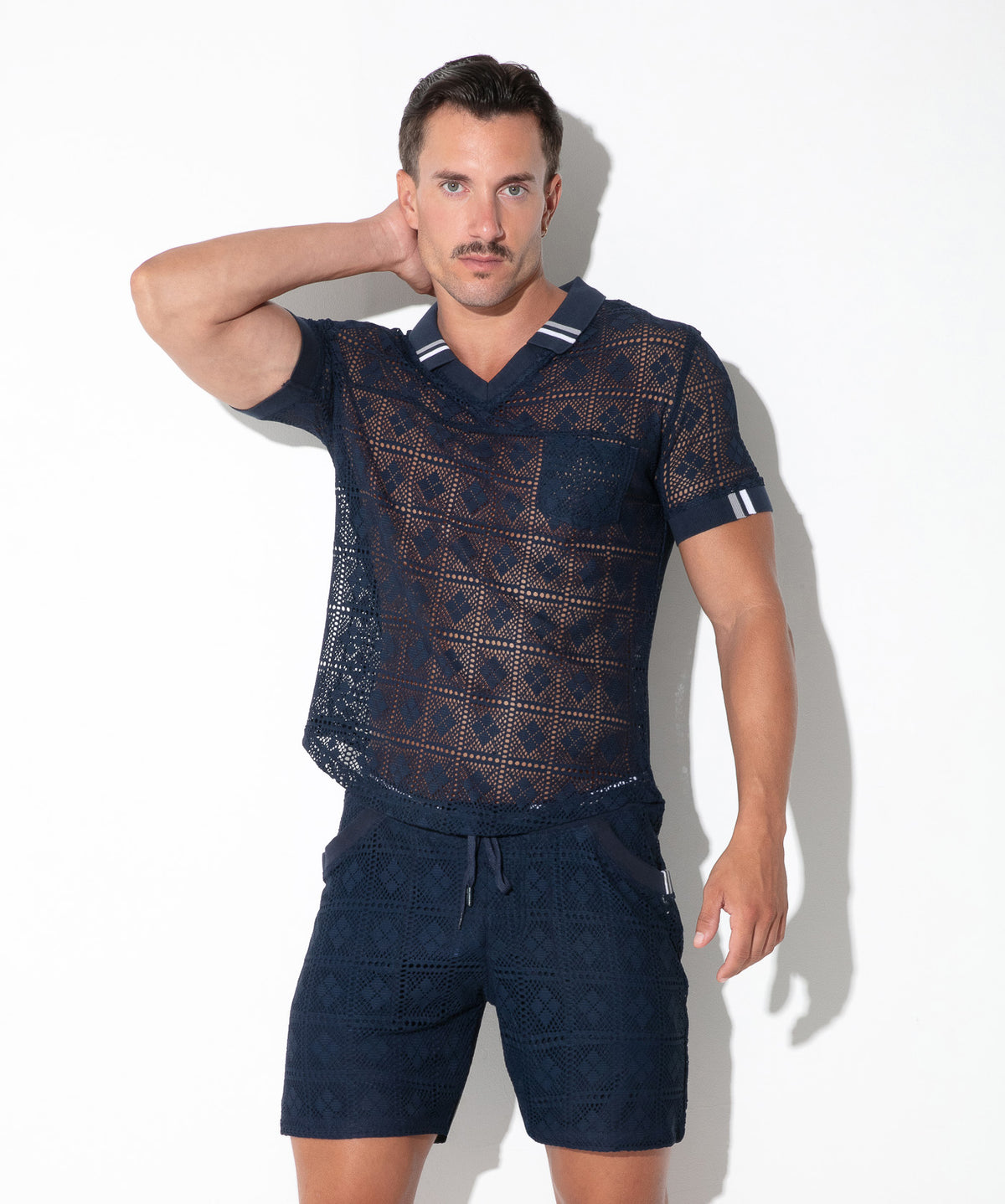 graphic lace polo navy