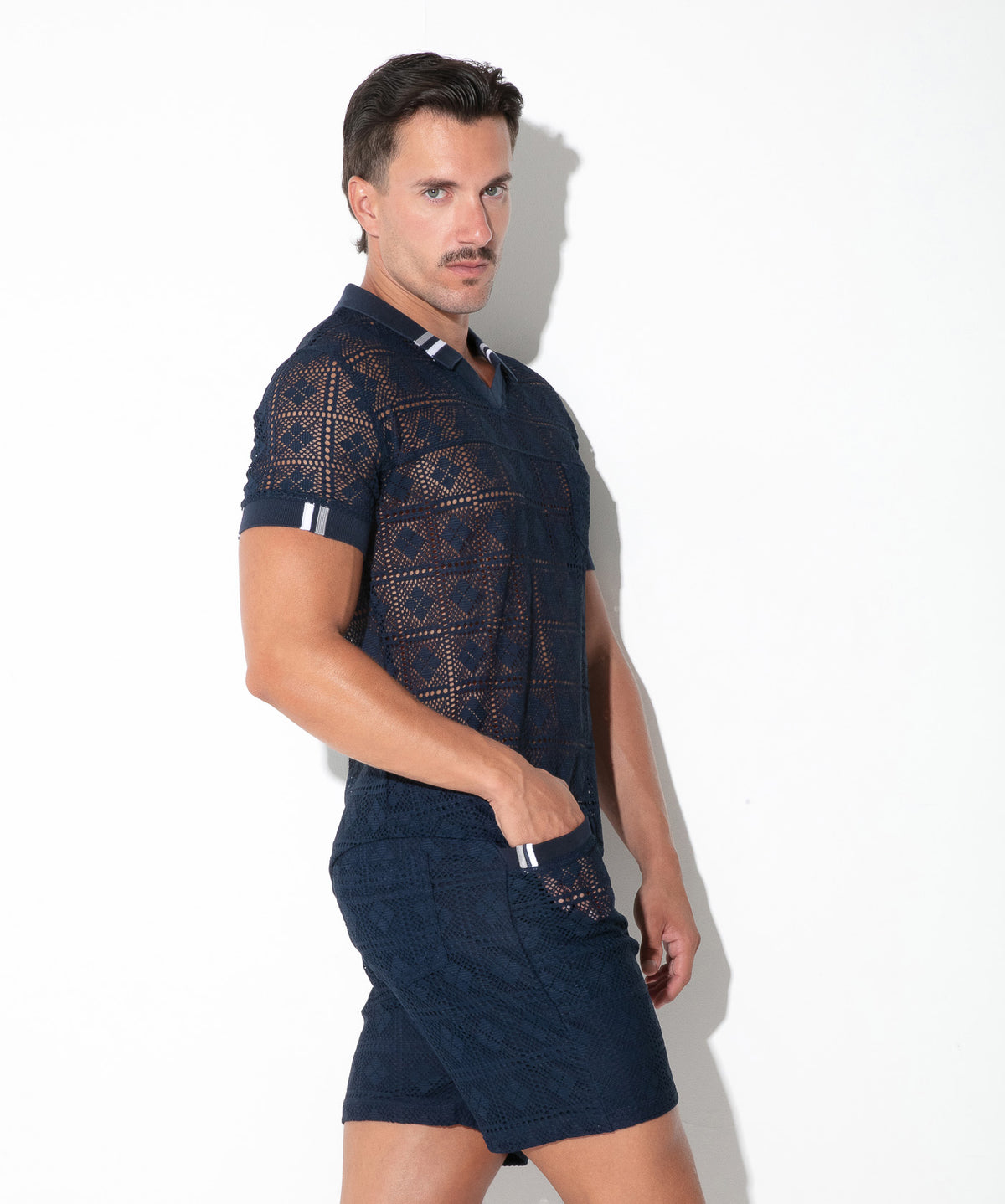 graphic lace polo navy